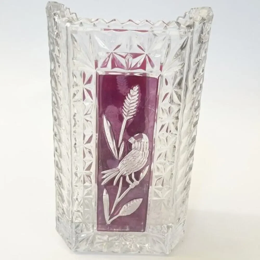 Vintage HOFBAUER Birds Heavy Cut Crystal Vase RUBY RED FLASH‎ HEAVY 7